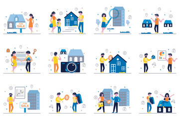 Fototapeta na wymiar Real estate concept with tiny people scenes set in flat design. Bundle of men and women searching and buying homes and apartments, realtors sell houses and contracting. Vector illustration for web
