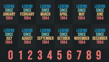 Legend since 1984 all month includes. Born in 1984 birthday design bundle for January to December - obrazy, fototapety, plakaty