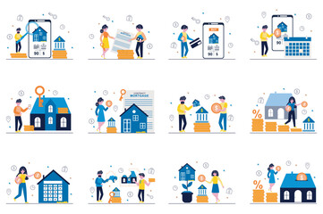 Mortgage concept with tiny people scenes set in flat design. Bundle of men and women receive bank loan to buy house or apartment, contracting, pay online every month. Vector illustration for web