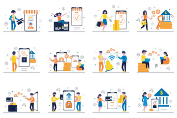 Fototapeta na wymiar Mobile banking concept with tiny people scenes set in flat design. Bundle of men and women manage money on personal account in app, making online payments and transactions. Vector illustration for web