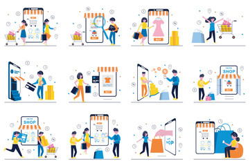 Fototapeta na wymiar Mobile shopping concept with tiny people scenes set in flat design. Bundle of men and women choose and order goods in app, pay online from smartphone, receive discounts. Vector illustration for web