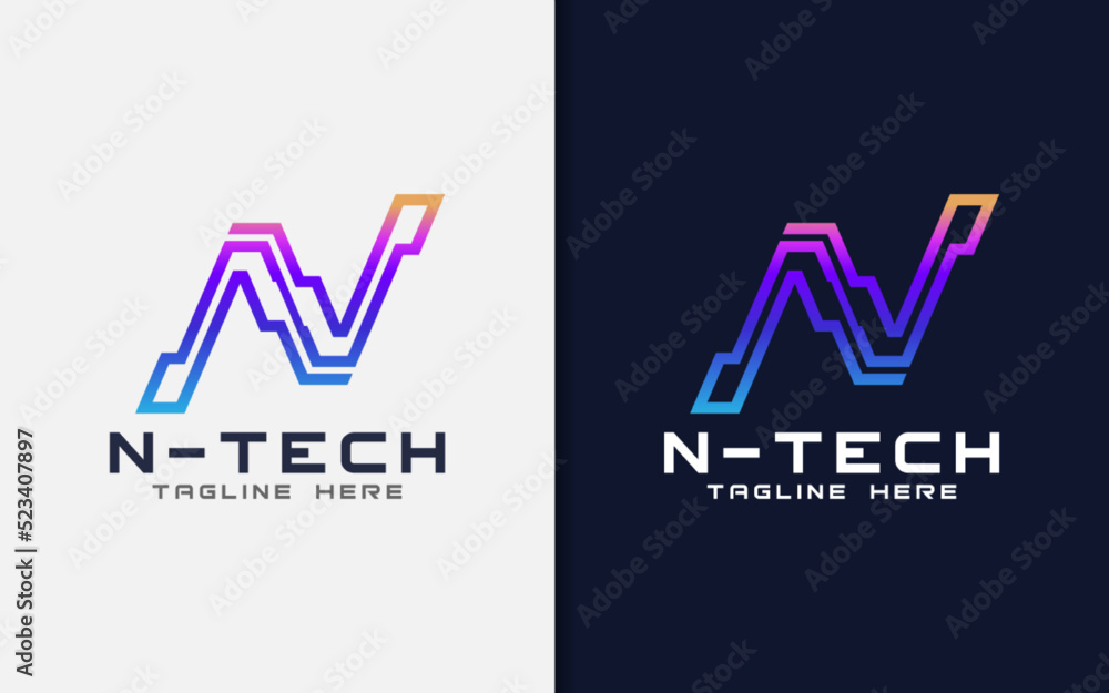 Poster creative digital initial letter n with tech element concept logo design.