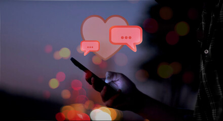 illustrated red speech bubbles in front of a heart above a hand holding a smartphone with screen...