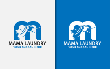 Fototapeta Mama Laundry Logo Design. Abstract Initial Letter M with Mothers Who are Drying Clothes Combination Concept. obraz