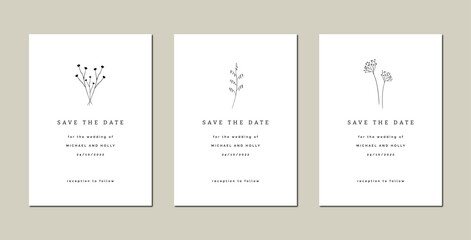 Minimalistic save the date wedding card templates with plants on the white background
