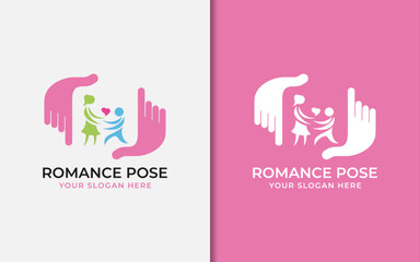 Romance Pose Logo Design. A man who is Expressing Love to his Women Partner Combined with Two Hand Pose Shape Concept.