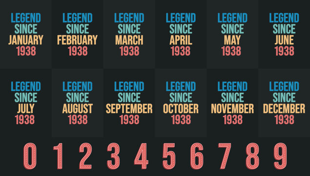Legend since 1938 all month includes. Born in 1938 birthday design bundle for January to December - Powered by Adobe