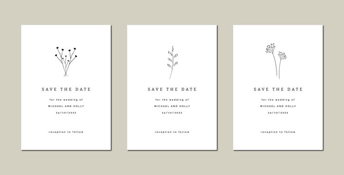 Minimalistic save the date wedding card templates with plants on the white background