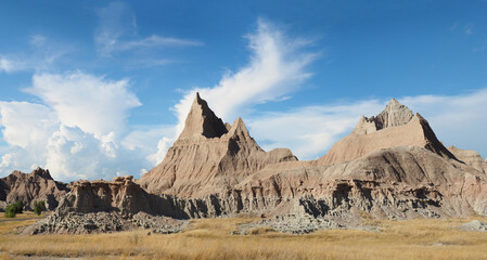 Panoramic View of One of the Many Highy Eroded Sandstone Mountains in Badlands National Park - 523408075