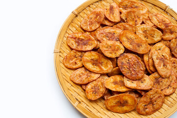 Banana chips on white background