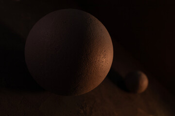 Concrete sphere against cement wall on floor. Abstract geometric or space concept