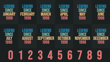Legend since 1998 all month includes. Born in 1998 birthday design bundle for January to December