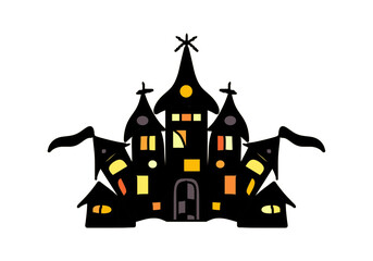 Witch and ghost castle, black drawing, with windows and light, on a transparent background, for the design of the Halloween holiday