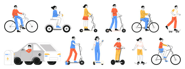 Eco friendly transportation, people riding electric vehicles. Characters ride scooter, skateboard, bike and skateboard flat vector illustration set. Modern eco transport riders