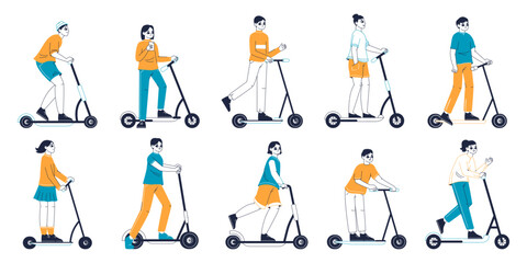 People riding electric kick scooters, eco friendly transportation. Outline young men and women riding modern eco vehicles flat vector illustration set. Kick scooter users © GreenSkyStudio