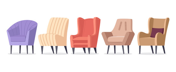 Cartoon cozy armchairs, modern furniture elements. Comfy apartment soft armchairs flat isolated vector symbols illustration set. Trendy furniture collection