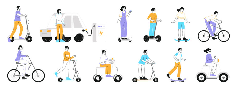 People riding electric vehicles, eco transport, scooter and bicycle. Man and woman ride gyroscooter, skateboard or motorbike flat vector illustration collection. Eco friendly transportation riders