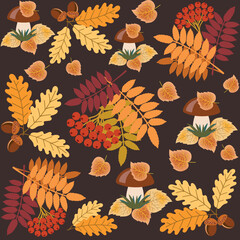 Fototapeta premium forest gifts, bright autumn leaves and rowan berries, acorns, white mushroom, autumn seamless pattern