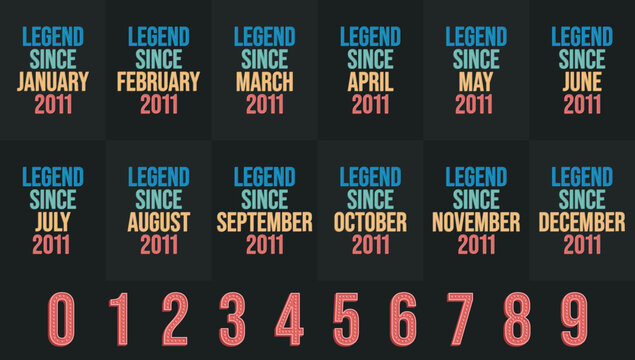 Legend since 2011 all month includes. Born in 2011 birthday design bundle for January to December