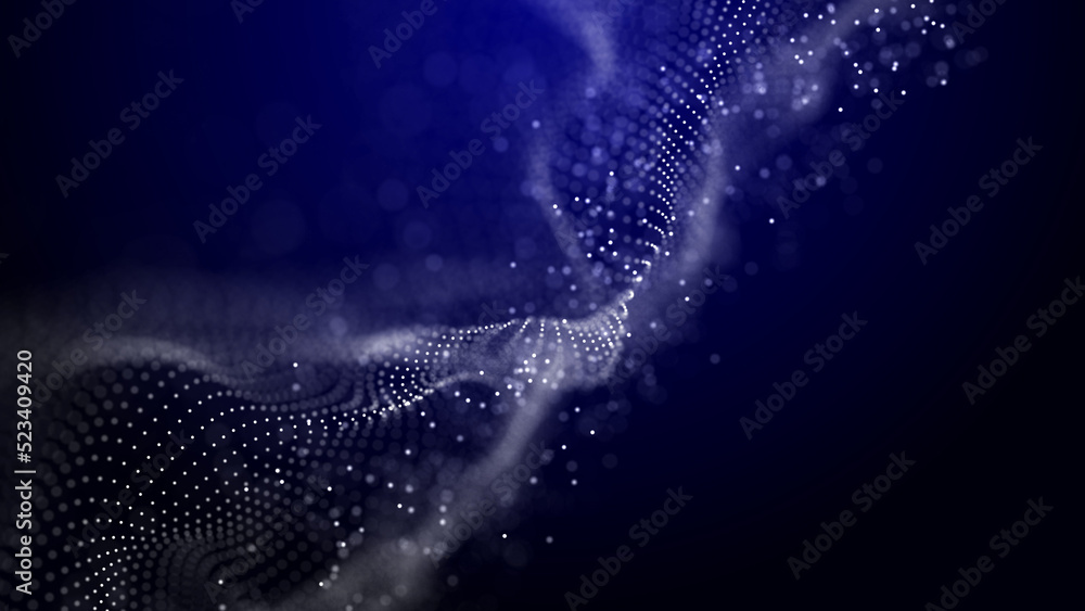 Poster abstract sound wave web banner. artificial intelligence expressed by moving particles. 3d rendering.
