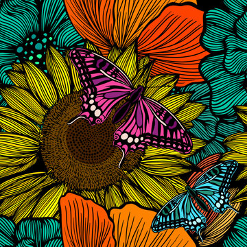 tropical pattern with multicolored hand drawn elements and funny background. leaves pattern . Seamless flowers with butterfly. Vector illustration