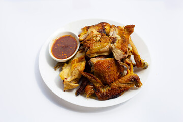 Grilled chicken, Thai style food on white background.