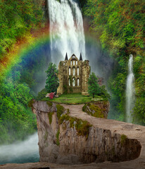waterfalls and castle. 3D