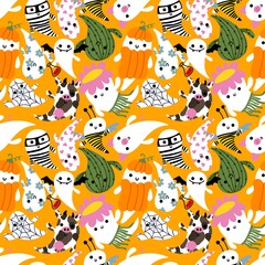 Cartoon Halloween seamless cute ghost pattern for festive wrapping paper and kids and notebooks and clothes print