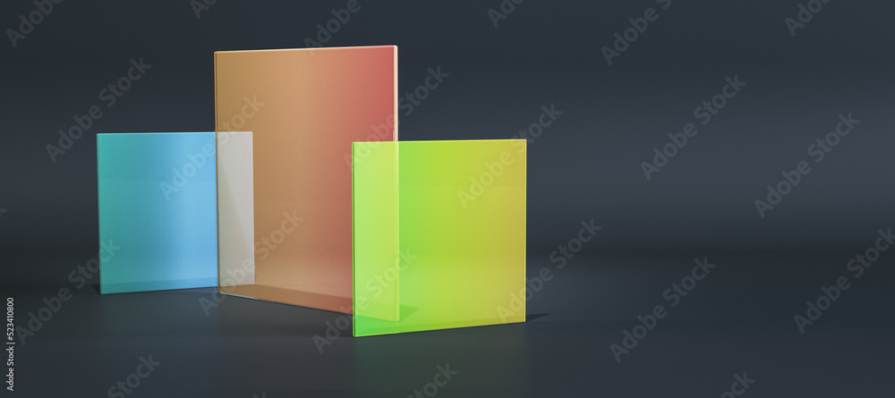 Poster Abstract colorful square glass on wide dark background with mock up place for advertisement. Decor and design banner concept. 3D Rendering.