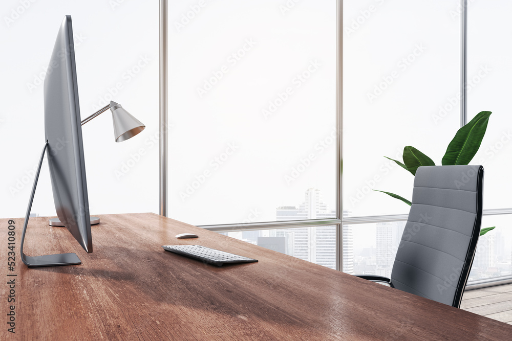Poster side view and close up of modern workplace with computer monitor, swivel-chair and lamp on wooden of