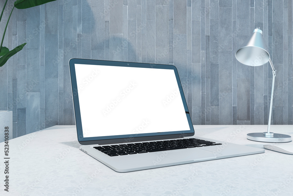 Poster close up of modern grunge style workplace with empty white mock up laptop screen on desk. 3d renderi