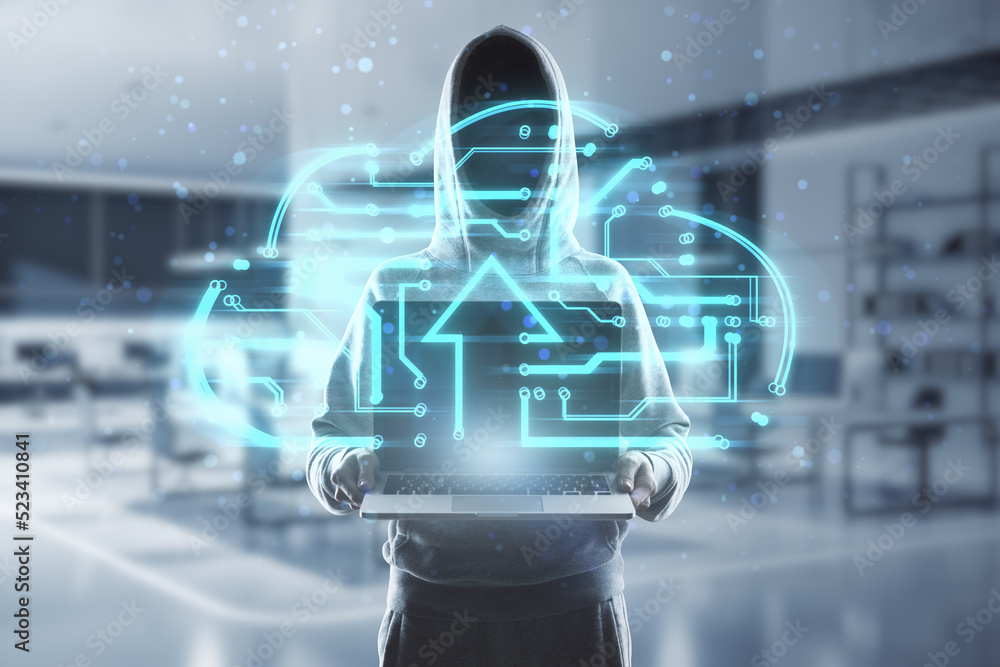 Aufkleber hacker in hoodie holding laptop with abstract glowing circuit cloud hologram on blurry office interi
