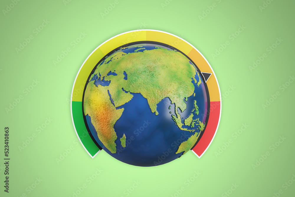 Poster creative globe earth with climate scale on green background. global warming concept. 3d rendering.