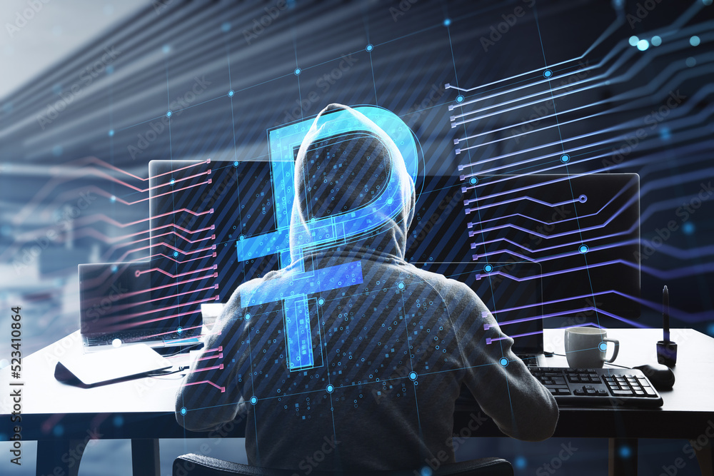 Poster hacker at desktop using computers with creative glowing Russian ruble circuit hologram on blurry office interior background. Digital money, data, theft and online banking concept. Double exposure.