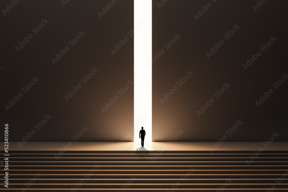 Poster back view of backlit businessman walking on stairs towards bright opening in dark wall. success, way