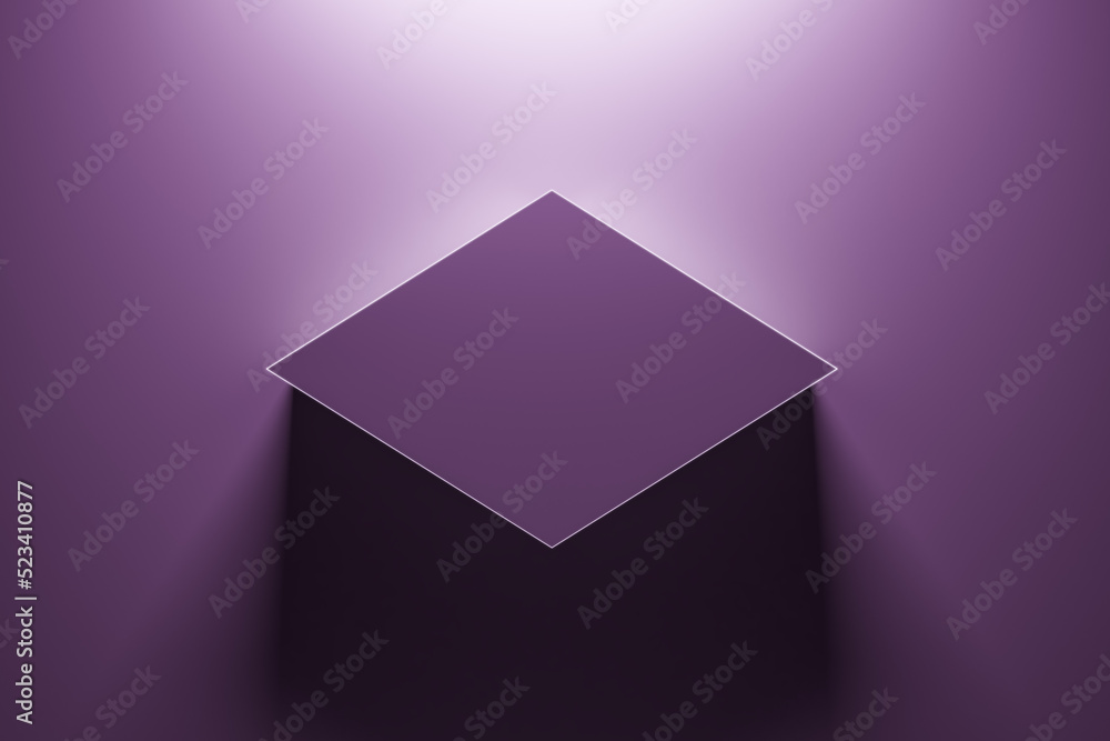 Aufkleber Creative illuminated purple rhombus with mock up place on backdrop. 3D Rendering.