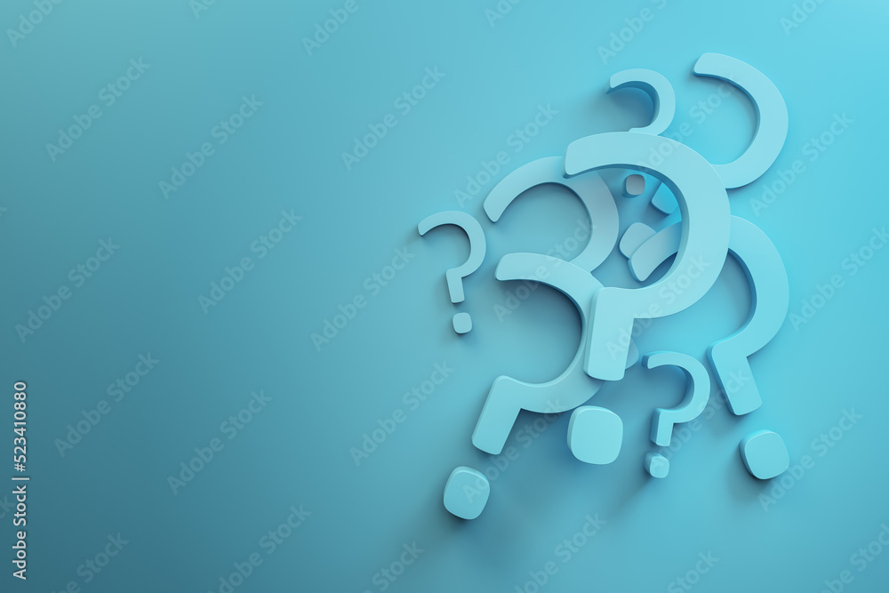 Poster Creative abstract question marks on blue background with mock up place. Ask, solution and FAQ concept. 3D Rendering.