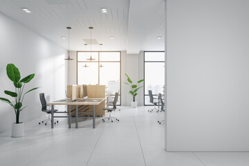 Modern concrete coworking office interior with empty mock up place on wall, furniture, equipment and windows with city view. 3D Rendering.