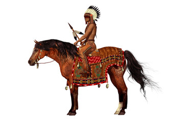 Proud Eagle on White - An American Indian rides his Appaloosa horse with war paint on his face and a spear in his hand. © Catmando
