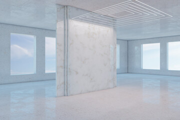 Modern light concrete gallery interior with empty mock up place on wall. Exhibition and museum concept. 3D Rendering.