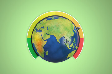 Creative globe earth with climate scale on green background. Global warming concept. 3D Rendering.