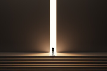 Back view of backlit businessman walking on stairs towards bright opening in dark wall. Success,...