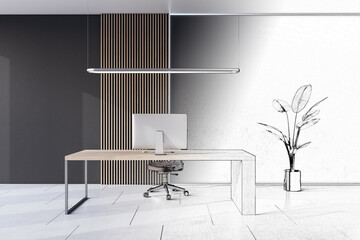 Light hand drawn office interior with equipment and furniture. Architecture and sketching concept. 3D Rendering.