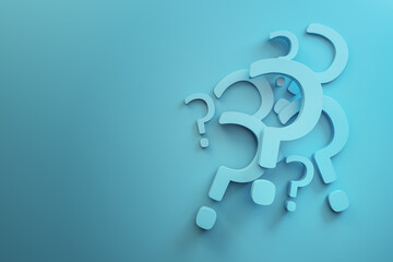 Creative abstract question marks on blue background with mock up place. Ask, solution and FAQ concept. 3D Rendering.