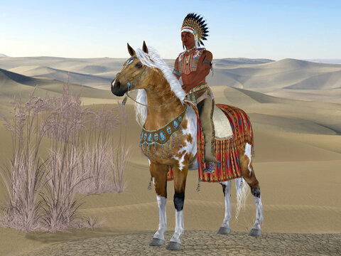 Indian Soaring Eagle - An American Indian rides his paint horse in a desert landscape with war paint on his face.