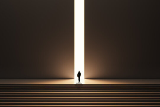 Back view of backlit businessman walking on stairs towards bright opening in dark wall. Success, way out, exit and solution concept.