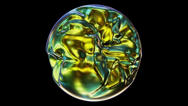 Realistic looping 3D animation of the morphing and waving textured golden green iridescent alien alloy sphere rendered in UHD with alpha matte