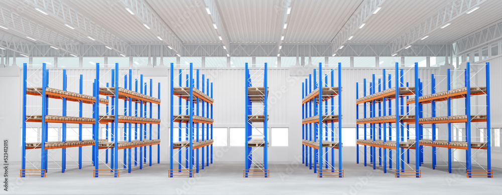 Poster warehouse panorama. spacious room with multi-tiered shelving. background for warehouse banner. wareh