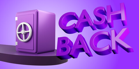 Cash back. Gift bonus after purchase of goods. Lilac safes symbolize big profits. Cash back logo on purple background. Bonus for buyers. Cash back promotion. Profitable proposition. 3d rendering.