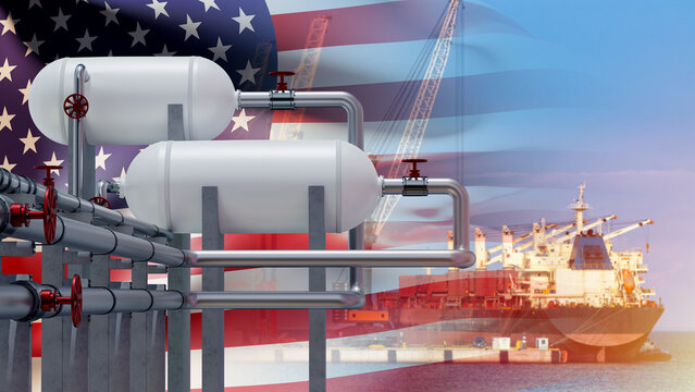 Liquefied gas terminal. American port for loading gas on ship. Gas liquefaction equipment. Sea port with USA flag. Delivery energy resources from USA. Buying methane in USA. Art focus. 3d image.